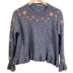 THML Gray Embroidered Floral Wool Blend Cropped‎ Sweater Ruffled Skirt Small